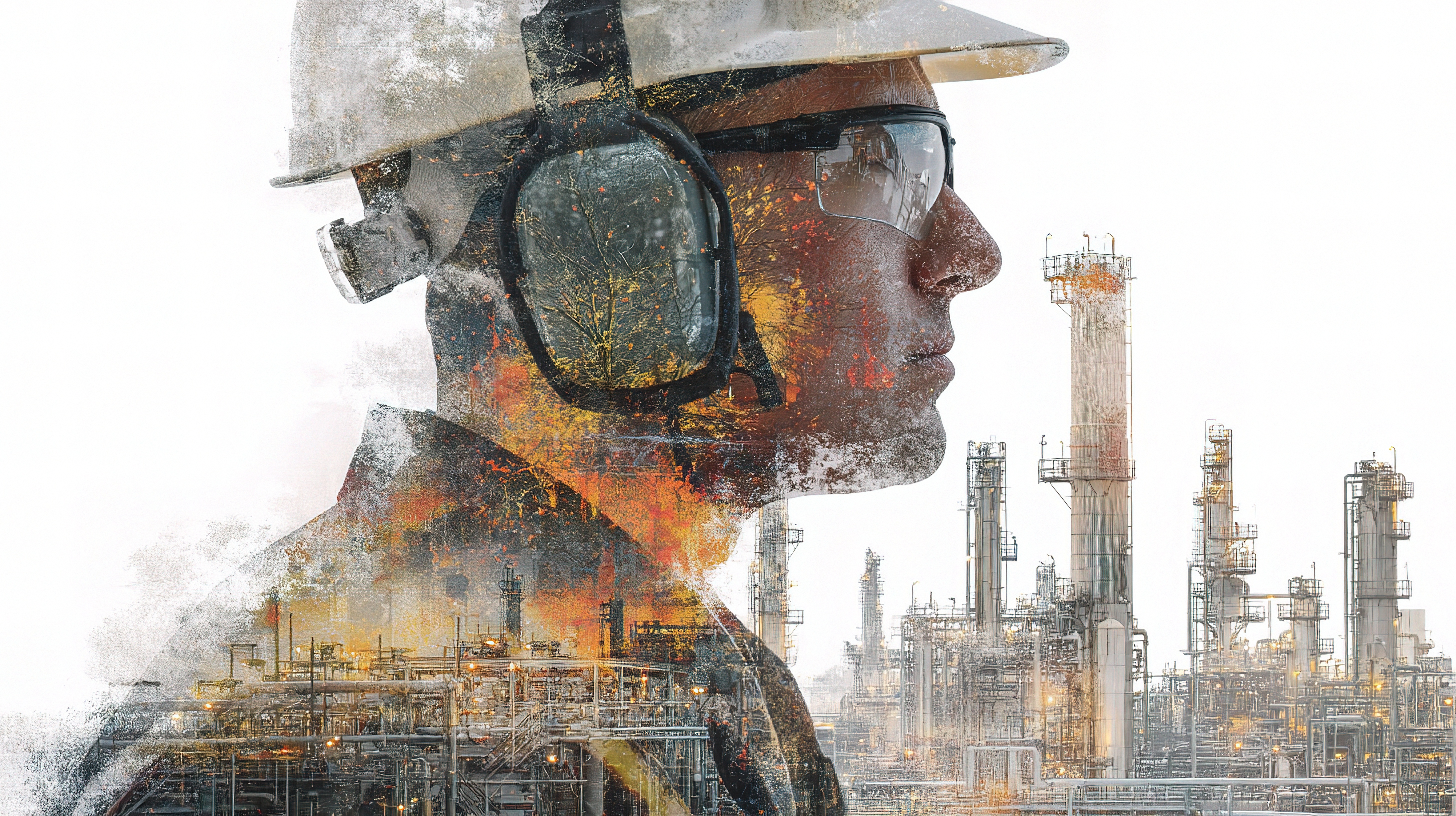 a man in construction gear apears spraypainted over a industrial complex